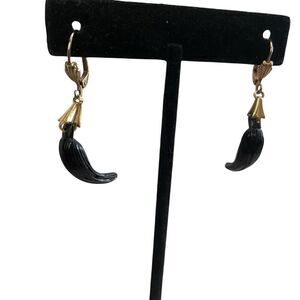Vtg Pierced Earrings Simulated Black Talons Gold Tone Earwires Made in Germany